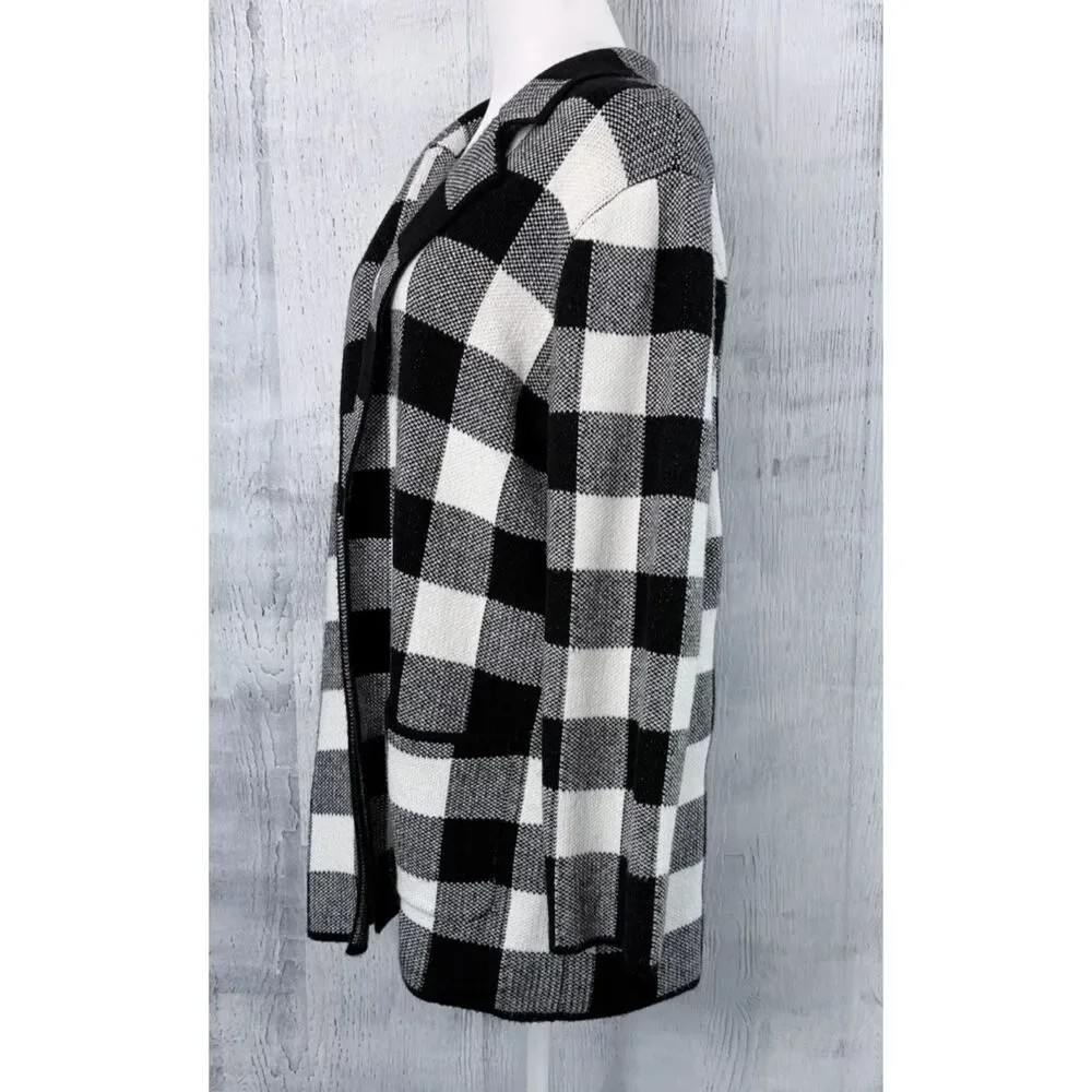 Talbots Black White Buffalo Plaid Open Cardigan Womens XL Knit Sweater w/Pockets